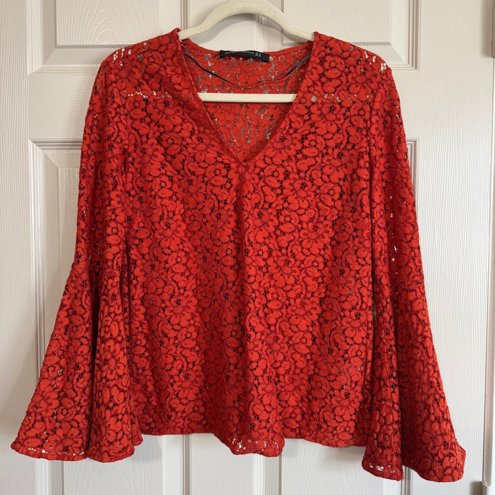 Zara Woman Orange Floral Guipure Lace Bell Sleeve V-Neck Blouse XS